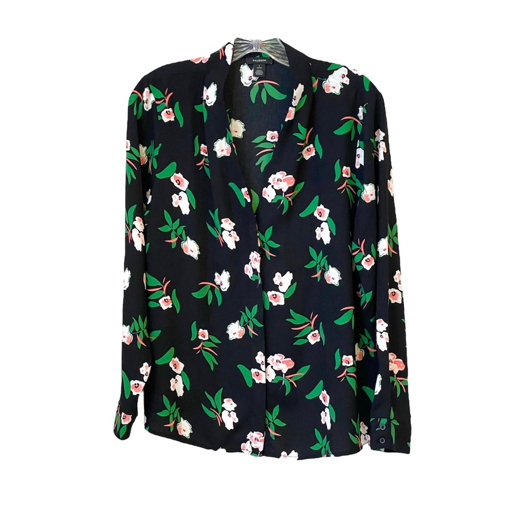 NWOT Halogen Black/pink/green floral print button down placket front blouse